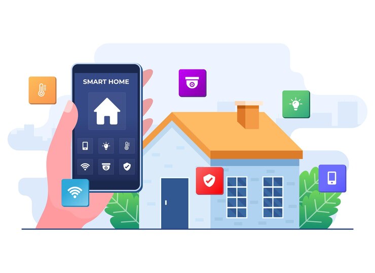 Vettore applicazione per la casa intelligente a mano con lo schermo dello smartphone