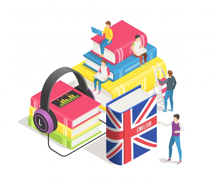 Vettore apprendimento del concetto di lingue straniere. persone minuscole con dizionario inglese e libri