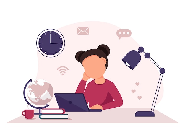 Apprendimento in linea con la ragazza che studia su un computer portatile
