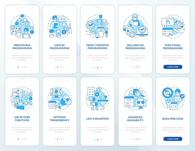 Approcci alla programmazione del set di schermate dell'app mobile di onboarding blu