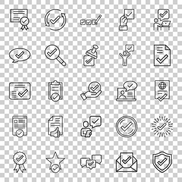 Approvare l'icona impostata in stile piatto Controllare l'illustrazione vettoriale su sfondo bianco isolato Controllare il concetto di attività accettato