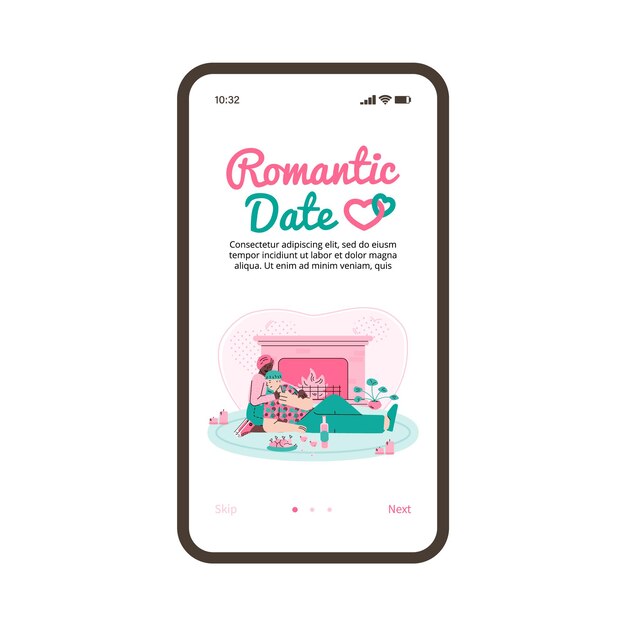 Appuntamento romantico e pagina dell'app di appuntamenti virtuali illustrazione vettoriale dei cartoni animati isolata