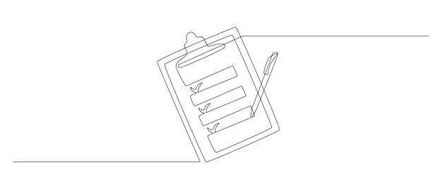 Appunti con elenco di controllo e penna in un disegno a linea continua Elenco delle cose da fare con segni di spunta e concetto per l'esperienza di test e l'esame in stile lineare semplice Tratto modificabile Doodle illustrazione vettoriale