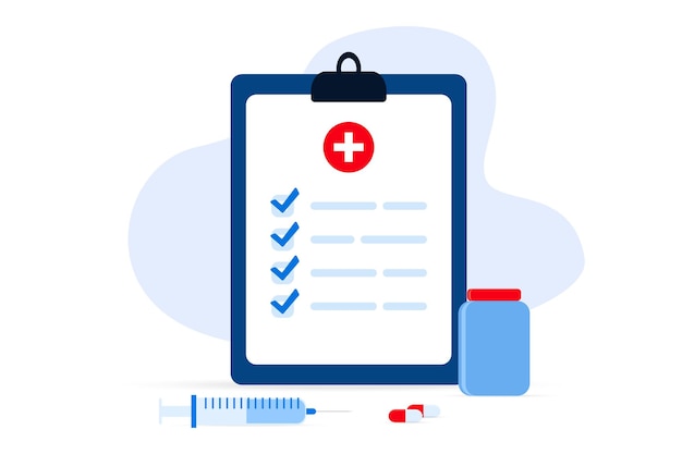 Appunti rapporto sul modulo di controllo medico Elenco medico con i farmaci Elenco dei moduli medici con i dati dei risultati e il segno di spunta approvato Prescrizione con pillole e medicinali Illustrazione vettoriale