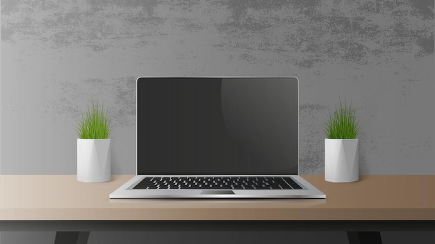 Apri il laptop con uno schermo nero. Computer portatile moderno su una tavola di legno. Tavolo, piante verdi desktop, un posto di lavoro in stile loft.