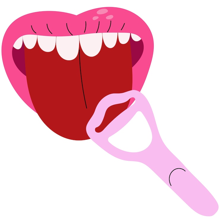 Vettore aprire la bocca con un raschiatore per la lingua per pulire la lingua stile di vita sano e cura dentale