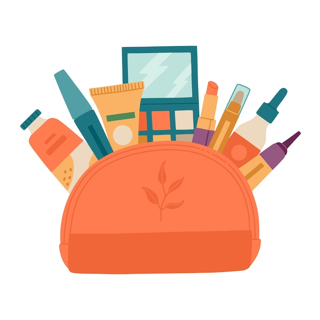 Aprire la borsa cosmetica con varie cose di trucco decorativo per le ragazze. Illustrazione disegnata a mano, isolato su sfondo bianco