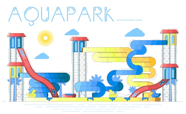 Aquapark con aree giochi d'acqua, piscine, acquascivoli, attrazioni. Parco acquatico in estate.