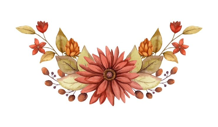 Vettore aquarello di fiori d'autunno arrangiamento oblongo con aster rosso bouquet floreale disegnato a mano con fioritura in
