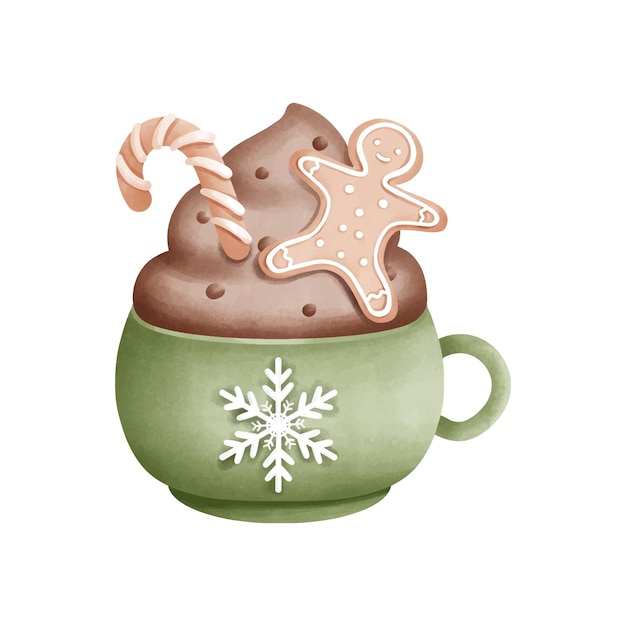 Aquarello di tazza di Natale con arte di cioccolato festiva ideale per il tema delle vacanze