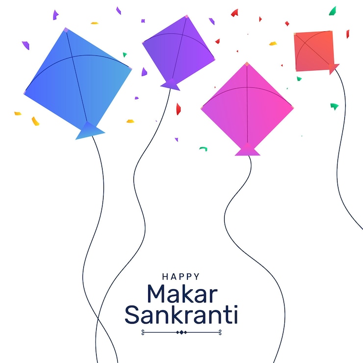 Vettore aquiloni che volano nel cielo makar sankranti festival con disegno di confetti