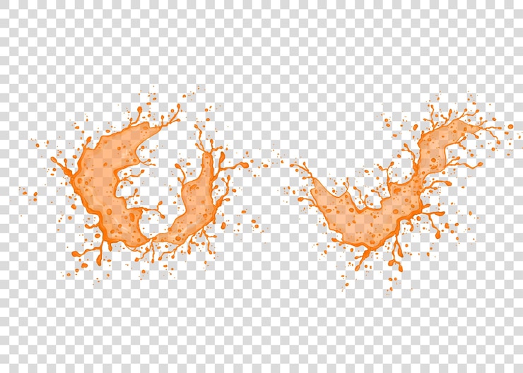 Vettore arancia, carota, albicocca, spruzzi di succo di zucca e gocce isolate su sfondo trasparente. trama vettoriale realistico.