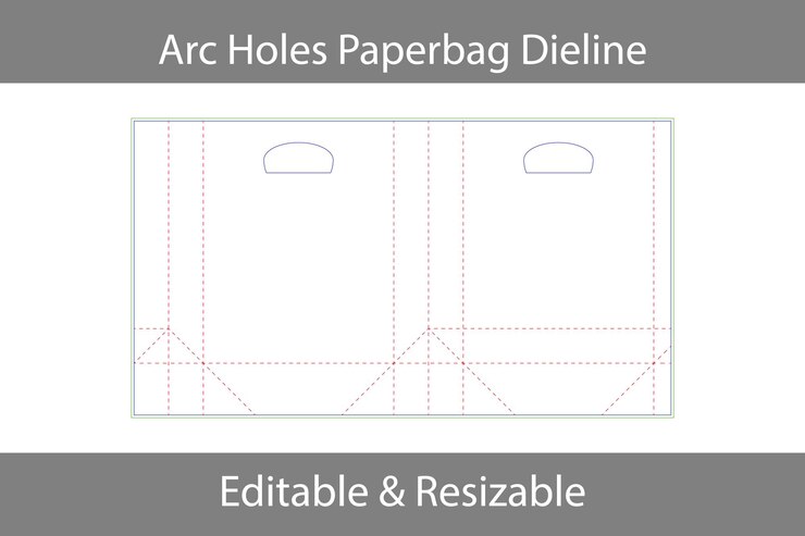Arc Holes Paperbag Dieline Modello di imballaggio modificabile e ridimensionabile