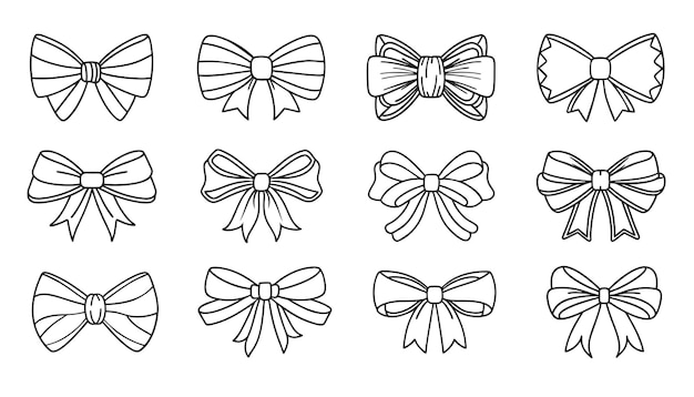 Archi in linea su nastro Collezione di archi disegnati a mano in stile Tie Knot Arco regalo Vector illustratio