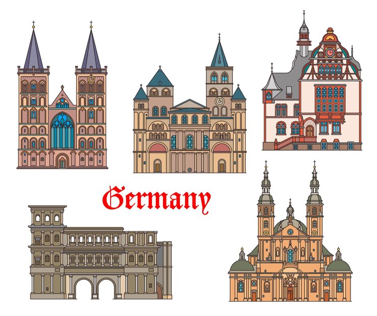 Vettore architettura di monumenti di germania a treviri e fulda città tedesche, vettore. edifici emblematici della cattedrale di san pietro, del municipio del limburgo, delle porte della città di porta nigra e della cattedrale di san viktor a xanten