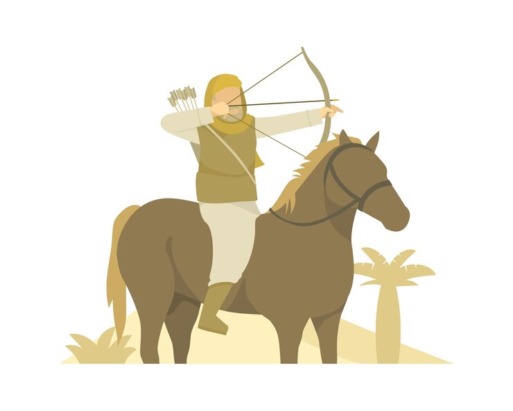 Vettore arciere musulmano che monta un cavallo sull'illustrazione del deserto