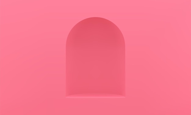 Arco 3D podio vuoto buco rosa parete showroom fondazione museo vetrina vettore realistico