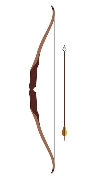 Arco di legno di caccia tradizionale con icona isolata freccia nell'illustrazione piana di vettore di stile