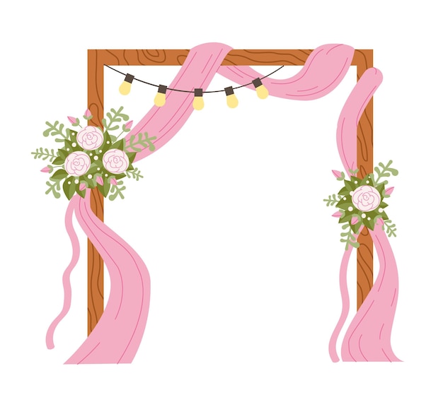 Arco nuziale in legno con nastri e fiori. Un bellissimo matrimonio. Rose rosa, lanterne e luce