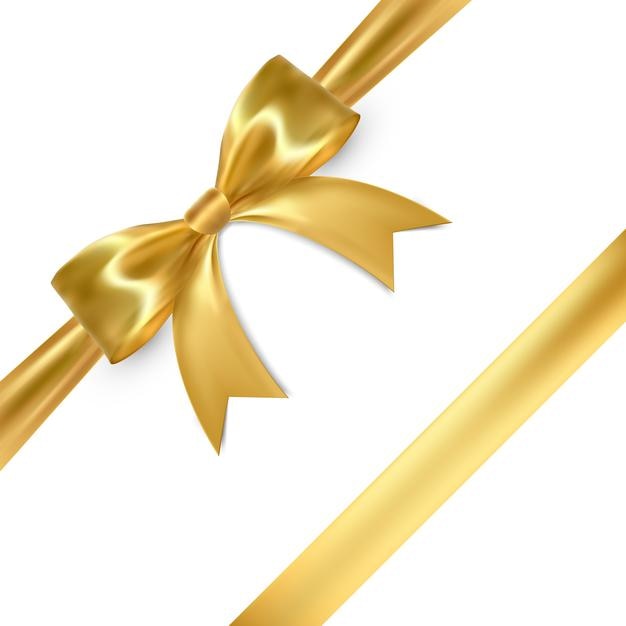 Arco realistico isolato su priorità bassa bianca. Fiocchi regalo dorati per carte, presentazioni, illustrazioni di San Valentino, Natale e compleanno.