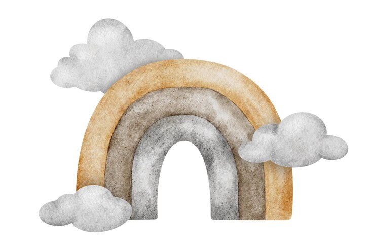 Arcobaleno beige con nuvole Bambino carino illustrazione ad acquerello