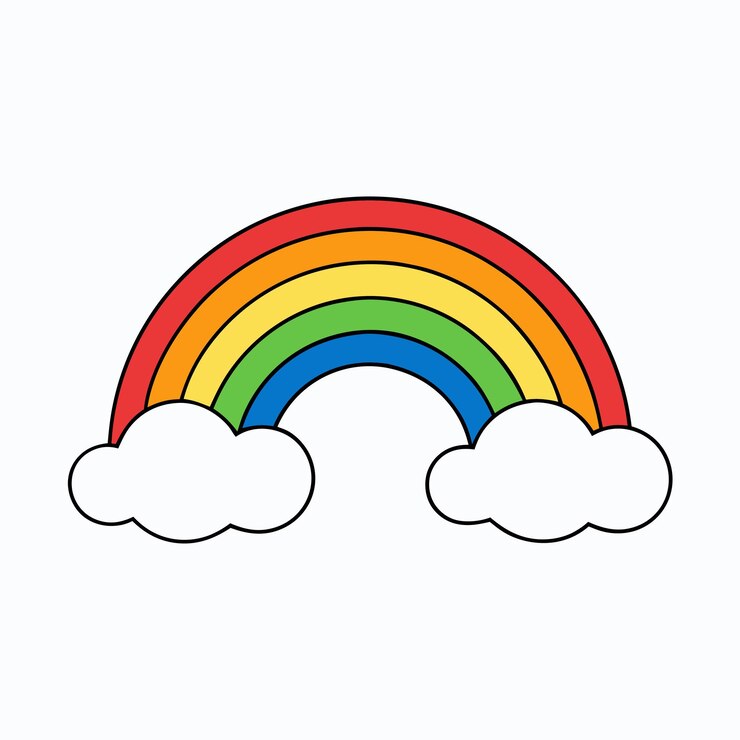 Arcobaleno brillante con nuvole soffice Illustrazione minimalista allegra per bambini