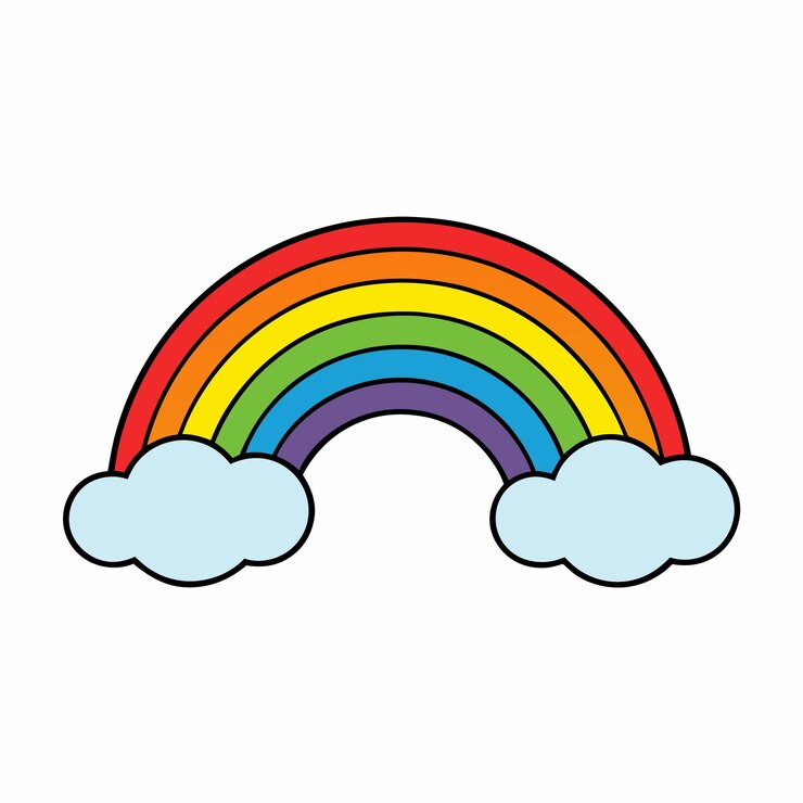 Arcobaleno brillante con nuvole soffice Illustrazione minimalista allegra per bambini