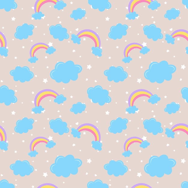 Arcobaleno carino modello senza cuciture con nuvole arcobaleno consistenza infantile per abbigliamento tessile di tessuto