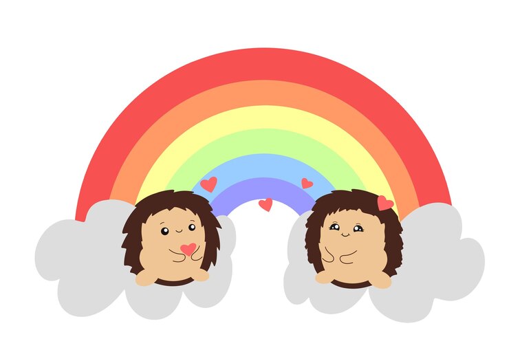 Vettore arcobaleno colorato con nuvole e ricci in stile kawaii