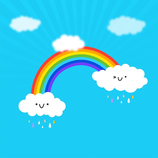 Arcobaleno colorato con nuvole su sfondo blu
