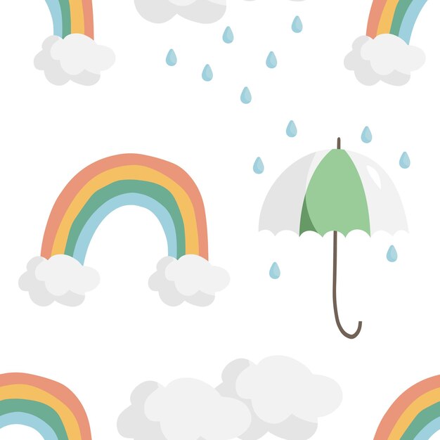 Arcobaleno con nuvole e modello vettoriale di ombrello in stile doodle