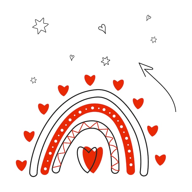 Arcobaleno di cuori per San Valentino Doodle illustrazione isolato su sfondo bianco