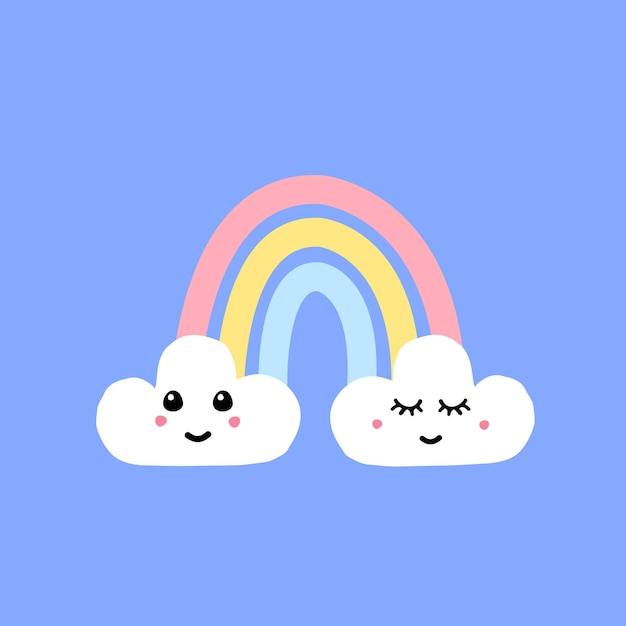 Arcobaleno di doodle disegnato a mano vettoriale con faccia kawaii