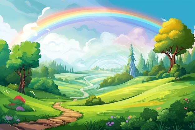 arcobaleno su una collina nel parco nello stile di vivaci cartoni animati di fondali scenici
