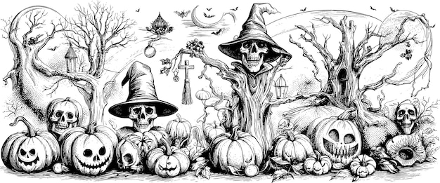 Arge collezione icone sagome di personaggi di halloween disegnati a mano illustrazione vettoriale halloween