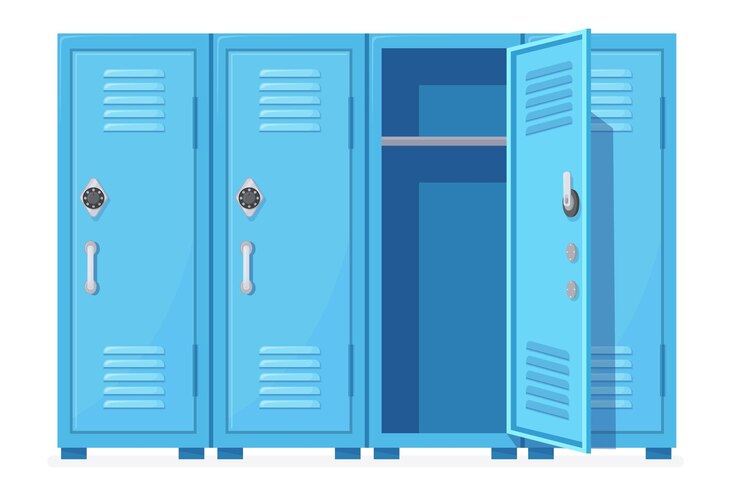Vettore armadietto della scuola armadietti in metallo per studenti o armadi sportivi da palestra per adolescenti del college armadio guardaroba con porte chiuse aperte fitness armadio in acciaio cartone animato illustrazione vettoriale pulito