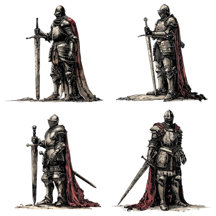 Vettore armatura e spada di cavaliere medievale illustrazione a raster di incisione a colori isolata su sfondo bianco