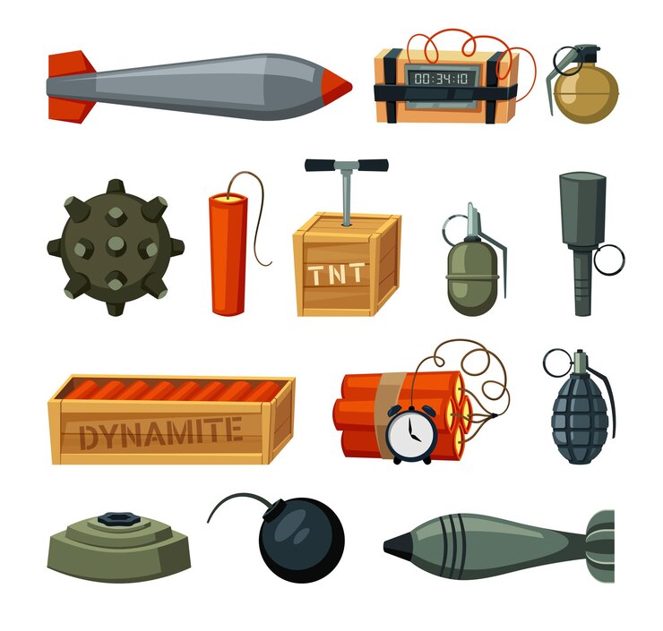 Armi esplosive set dinamite nucleare e bomba esplosione TNT bomba granata miniera cartone animato minimalista