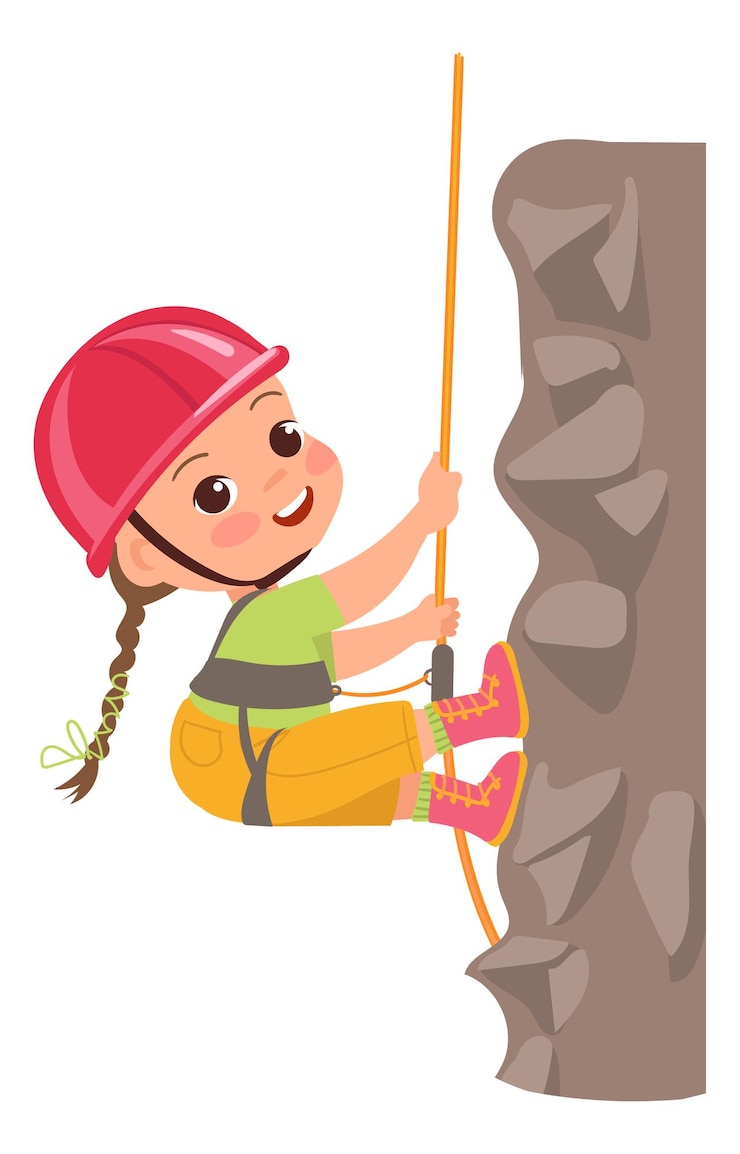 Vettore arrampicata su roccia per bambini attività sportiva per bambini turismo escursionistico estremo giovane alpinista con corda o casco adolescente che si arrampica su una scogliera a strapiombo con attrezzatura da alpinismo vector alpinista