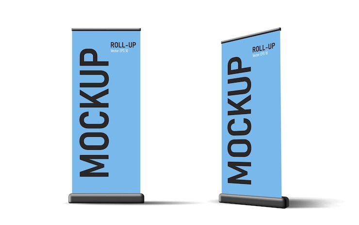 Vettore arrotola il design del modello di supporto per banner verticale 3d realistico