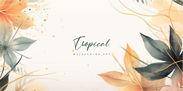 Arte astratta oro foglie tropicali sfondo vettore Carta da parati di lusso con acquerello foglia tropicale incorniciata foglia di palma flowerVivid fogliame esotico verde e glitter pennello oro