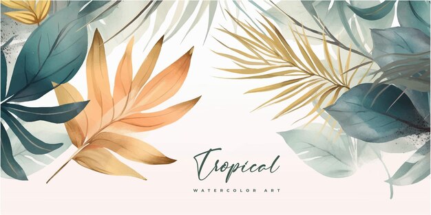 Arte astratta oro foglie tropicali sfondo vettore Carta da parati di lusso con acquerello foglia tropicale incorniciata foglia di palma flowerVivid fogliame esotico verde e glitter pennello oro