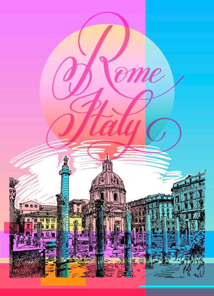 Arte contemporanea poster design di Roma Italia schizzo disegno di una basilica in luminoso