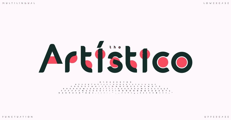 Vettore arte creativa futuristica multilingue composta lettere minuscole maiuscole numeri simboli di punteggiatura carattere innovativo con cerchi rossi per logo e titoli tecnologici moderni design tipografico vettoriale