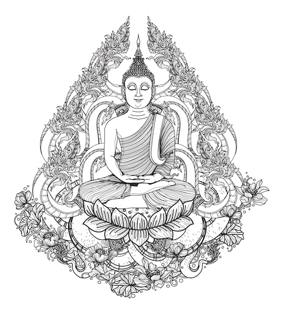 Arte del tatuaggio buddha e thai dargon disegno e schizzo a mano