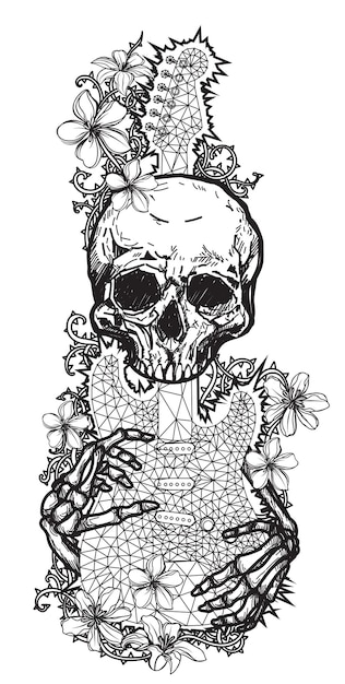 Arte del tatuaggio teschio schizzo Fiore e chitarra in bianco e nero
