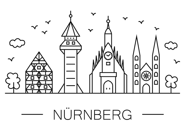 Arte della linea del paesaggio urbano di Norimberga. Edifici famosi - simboli della città. Disegno in bianco e nero.