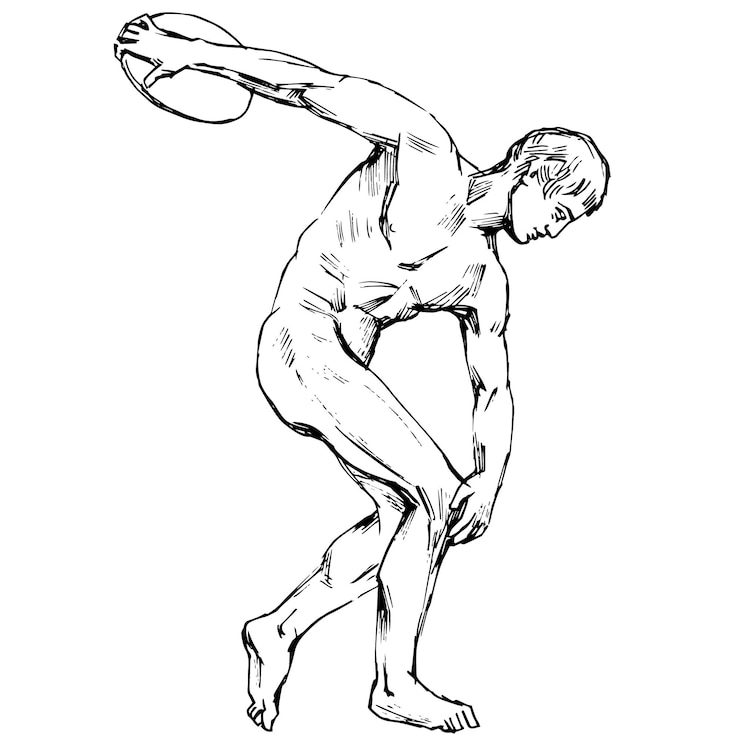 Arte della linea vettoriale disegnata a mano del lanciatore di discus Disegno dell'antica scultura greca