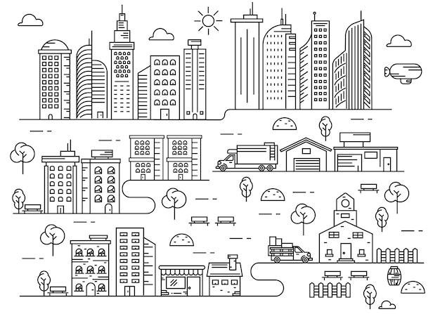 Arte di linea sottile di attività della città suburbana