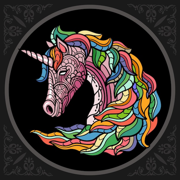 Arti colorate dello zentangle della testa dell'unicorno isolate su fondo nero